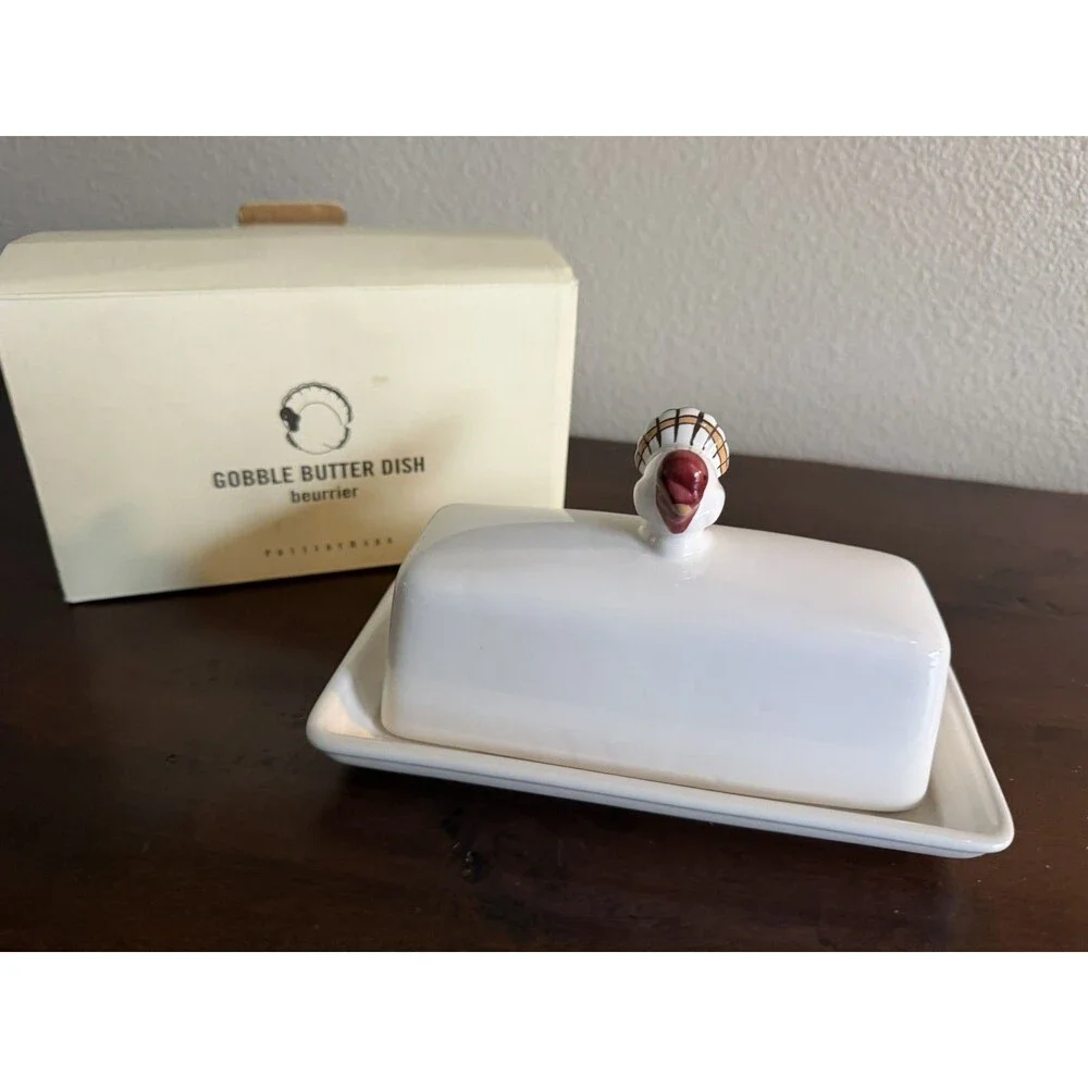 POTTERY BARN CERAMIC GOBBLE COVERED BUTTER DISH WITH TURKEY KNOB EUC